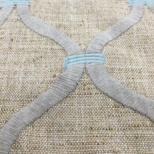 2 Yard Piece of Embroidered Ogee in Grey and Spa Blue on Natural Brown Slub Weave | Drapery / Upholstery / Slipcover Fabric | Linen Blend | 54" Wide | By the Yard