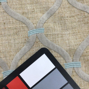 2 Yard Piece of Embroidered Ogee in Grey and Spa Blue on Natural Brown Slub Weave | Drapery / Upholstery / Slipcover Fabric | Linen Blend | 54" Wide | By the Yard