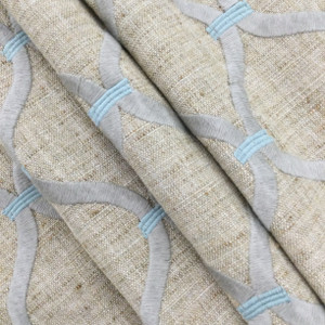 2 Yard Piece of Embroidered Ogee in Grey and Spa Blue on Natural Brown Slub Weave | Drapery / Upholstery / Slipcover Fabric | Linen Blend | 54" Wide | By the Yard