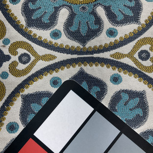 1 Yard Piece of Petra in Capri | Upholstery Fabric | Medallion in Turquoise / Navy / Gold / White | 100% Polyester  |  Heavy weight |  54" Wide | Sold BTY