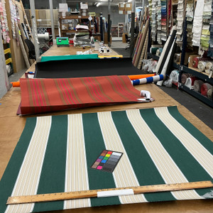 Recacril Ortava Stripe R-808 Forest Green / Beige / White | Waterproof Awning & Marine Canvas | 100% Solution Dyed Acrylic | 47" Wide | By the Yard