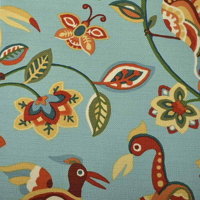 Duralee 42263-57 Teal Floral with Birds, Butterflies Cotton Drapery Fabric