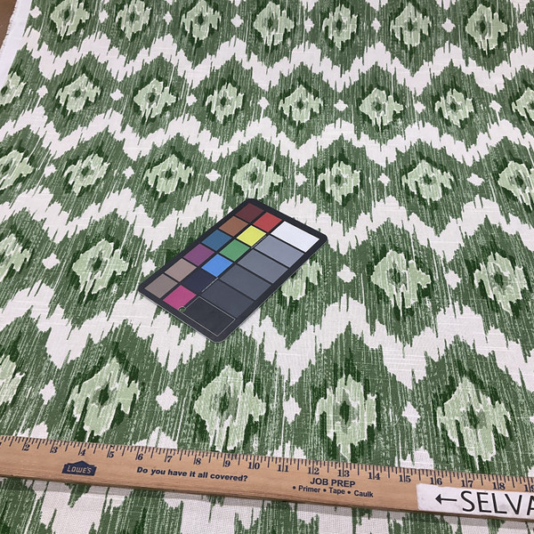 Duralee Fabric In Green 20991-2 | Ethnic Flame Stitch/Kilim Green Cotton Fabric