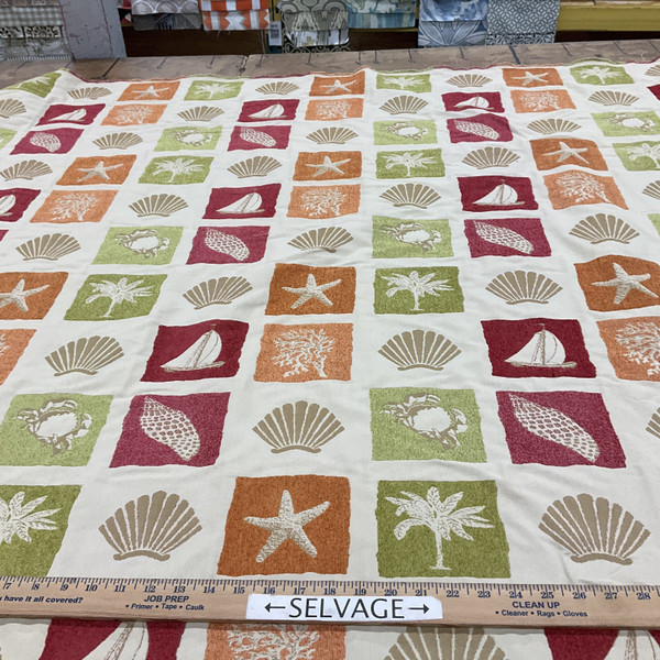 Beach Fabric Shell Seastar Crab Palm Coral Designer Upholstery Pink Orange Green