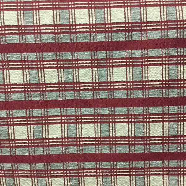 Red Chenille Plaid with Off White & Gray | Reversible Upholstery Fabric | Heavy
