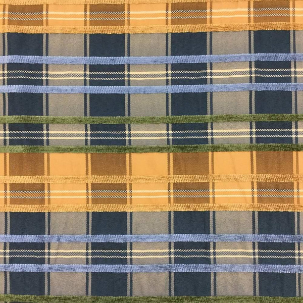 Striped Plaid with Chenille Raised Stripes | Blue / Tan / Gold / Green | Upholstery Fabric | 54" Wide | By the Yard