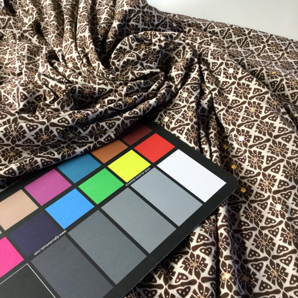 Brown Gold Geometric Floral Print Fabric | Knit Poly | Apparel Linings Dresses T-Shirts Maxi Skirt Dancewear Loungewear