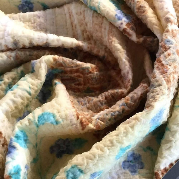 Beige / Blue Mesh Smocked Floral Fabric | Medium Weight | Pillows, Skirts