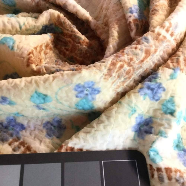 Beige / Blue Mesh Smocked Floral Fabric | Medium Weight | Pillows, Skirts