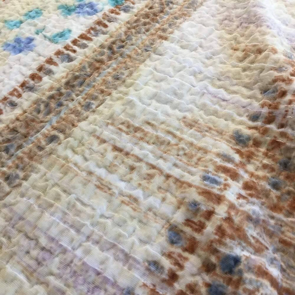 Beige / Blue Mesh Smocked Floral Fabric | Medium Weight | Pillows, Skirts