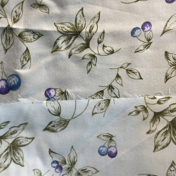 Blue Cherry Print Lightweight Woven Fabric | Poly Cotton | Drapery Apparel Lining Crafts