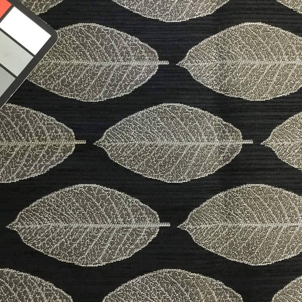 Black with Large Gray Leaves | Upholstery / Slipcover Fabric | 54 Wide | BTY