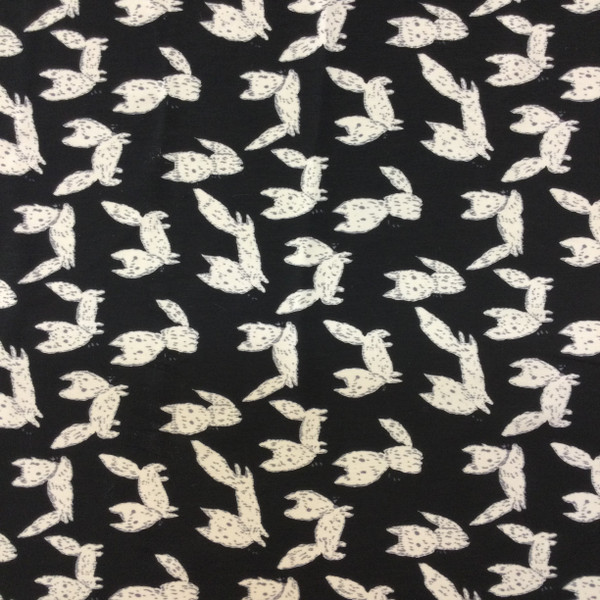 White Fox Print on Black Polyester Silky Fashion Fabric / 100% Polyester / Clothing and Apparel/ Sold by the yard / d byt he