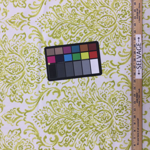 Scroll Gate in Kiwi | Damask in Citrus Green and White | Upholstery / Drapery Fabric | P/Kaufmann | 54" Wide | By the Yard