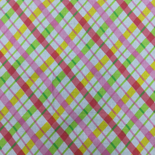 Argyle Plaid Quilting Fabric | Yellow / Pink / Green / White | 100% Cotton | 44" Wide | By the Yard