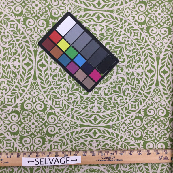 Tienchi in Spring Green | Circular Scrollwork Design in Green and Natural Beige | Upholstery / Drapery Fabric | Richloom | 54" Wide | By the Yard