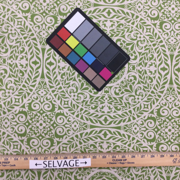 Tienchi in Spring Green | Circular Scrollwork Design in Green and Natural Beige | Upholstery / Drapery Fabric | Richloom | 54" Wide | By the Yard