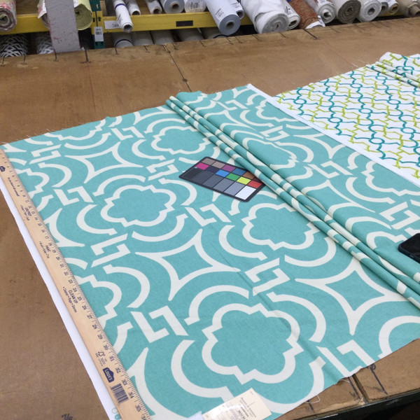 Carmody in Turquoise | Modern Scrollwork in Turquoise and Off-White | Upholstery / Drapery Fabric | Richloom | 54" Wide | By the Yard