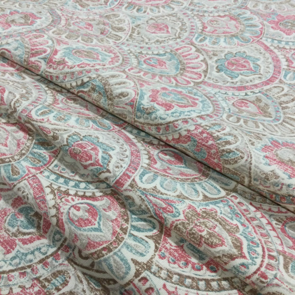 Bohemian Scallop Geometric in Teal / Pink / Brown | Home Decor Fabric | 54" Wide | By the Yard