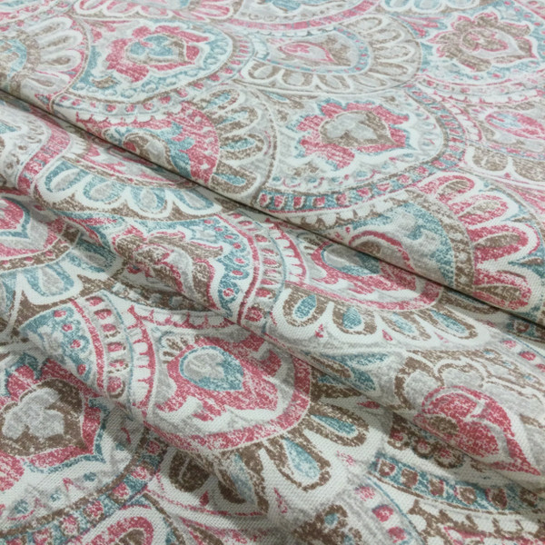 Bohemian Scallop Geometric in Teal / Pink / Brown | Home Decor Fabric | 54" Wide | By the Yard