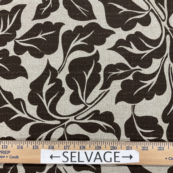 Chocolate Brown Leaf Print on Natural Basketweave Upholstery Fabric | Magnolia Home Fashions | Slipcovers | Drapery | By The Yard 54 inch Wide