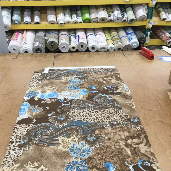 Floral Paisley Lightweight Jersey Knit Print Fabric | Brown, Tan, Blue | Fashion Fabric | 48 Inch Wide | By The Yard