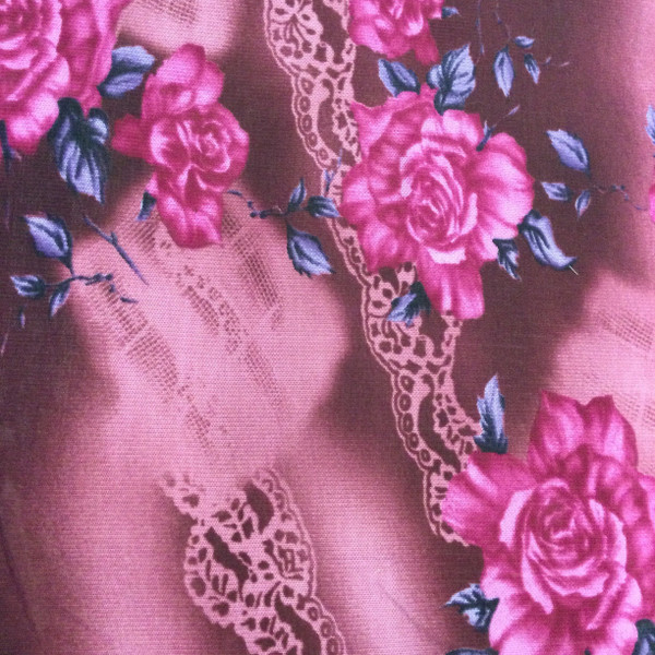 Magenta Roses and Lace Polyester Sheer Mesh Fabric | Jersey Knit Stretch Fabric | Clothing and Apparel | By The Yard | 45 inch Wide