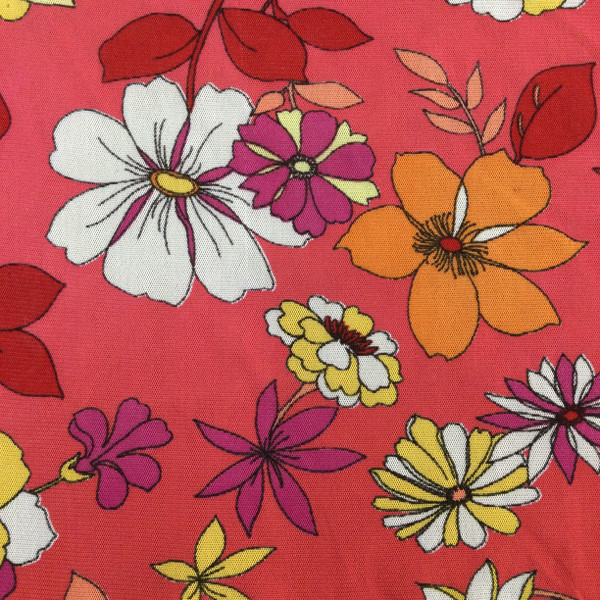 Retro Floral Print in Coral Multi | Sheer Jersey Knit Mesh Fabric | Clothing and Apparel | By The Yard |60 inch wide