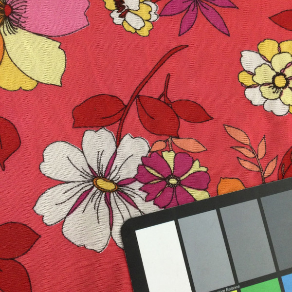 Retro Floral Print in Coral Multi | Sheer Jersey Knit Mesh Fabric | Clothing and Apparel | By The Yard |60 inch wide