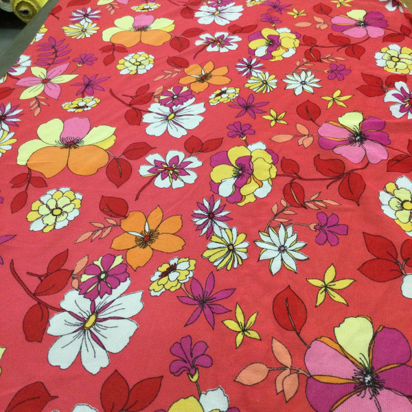 Retro Floral Print in Coral Multi | Sheer Jersey Knit Mesh Fabric | Clothing and Apparel | By The Yard |60 inch wide