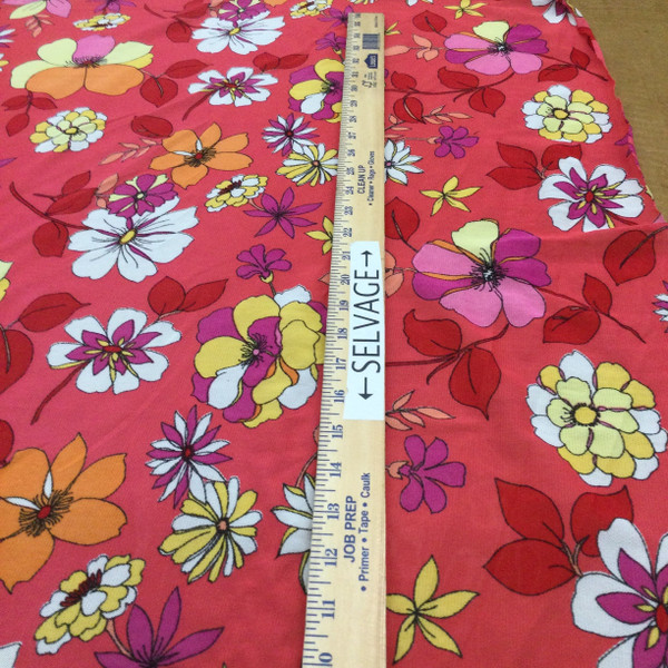Retro Floral Print in Coral Multi | Sheer Jersey Knit Mesh Fabric | Clothing and Apparel | By The Yard |60 inch wide