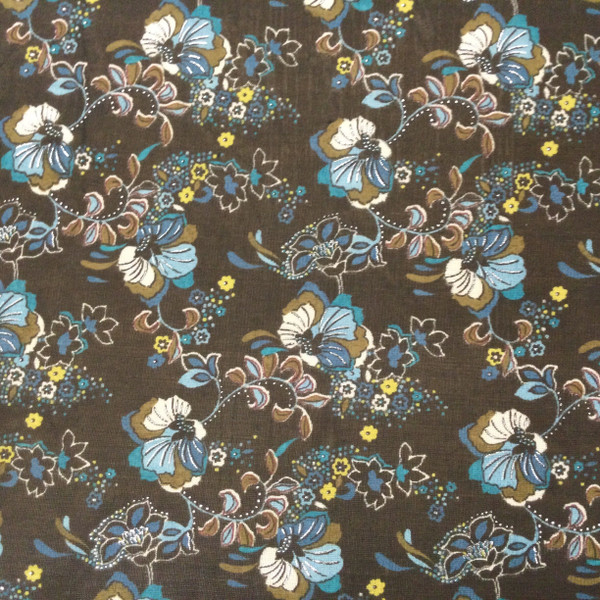 Teal/Brown/Black Floral | Lightweight Sheer Mesh Knit Fabric | Clothing and Apparel | By The Yard | 60 inch Wide