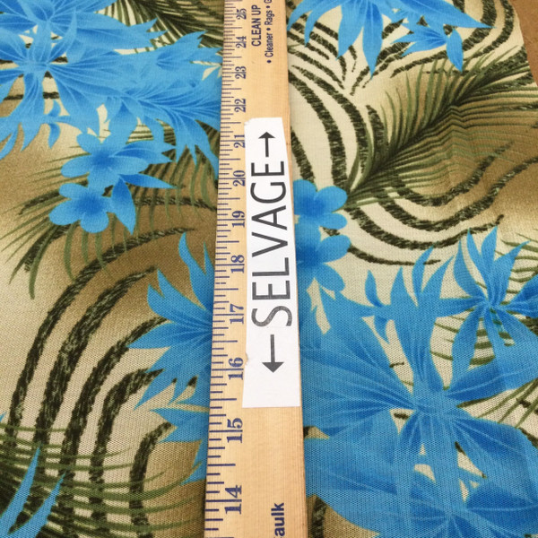 Tropical Ferns in Turquoise and Olive Green on Tan | Sheer Mesh Knit Stretch Fabric | Clothing and Apparel | By the Yard | 45 Inch wide