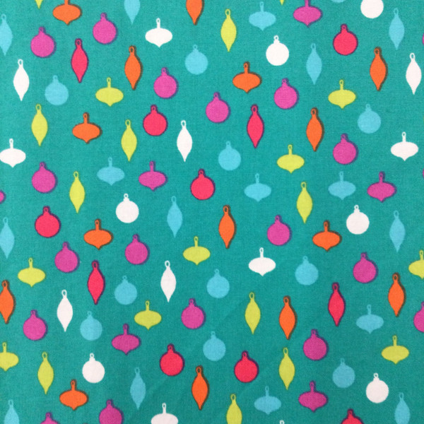 Multi Colored Ornaments on Teal | Holiday | Quilting Fabric | 100% Cotton  | 44 wide | By the Yard | 3029