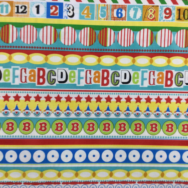 Letters and Numbers Runner | Primary Yellow/Blue/Red/Green | Quilting Fabric | 100% Cotton  | 44 wide | By the Yard | 3056