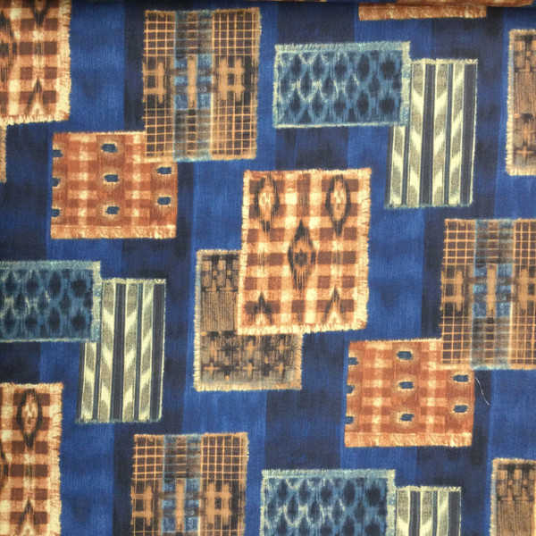 Blocked Ikat Squares in Brown and Blue | Quilting Fabric | 100% Cotton | 44 wide | By the Yard
