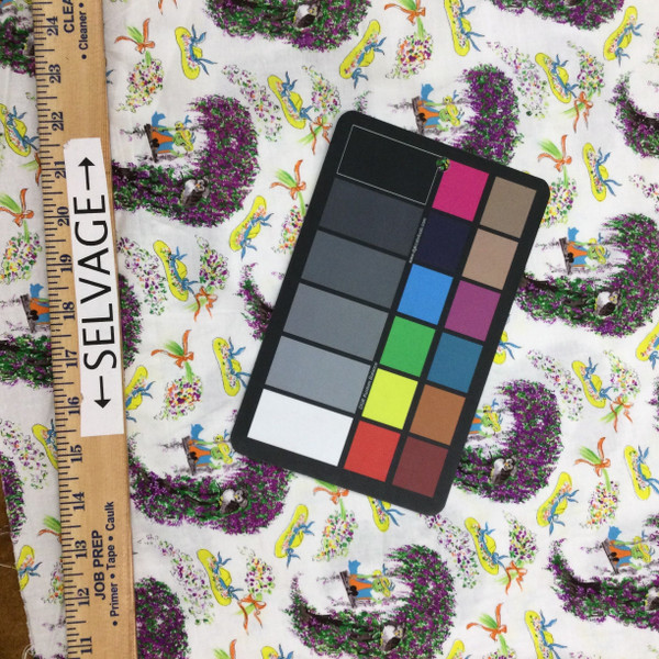 Fancy Frog Under Tree in Cream / Purple / Yellow | Quilting Fabric | 100% Cotton | 44 wide | By the Yard