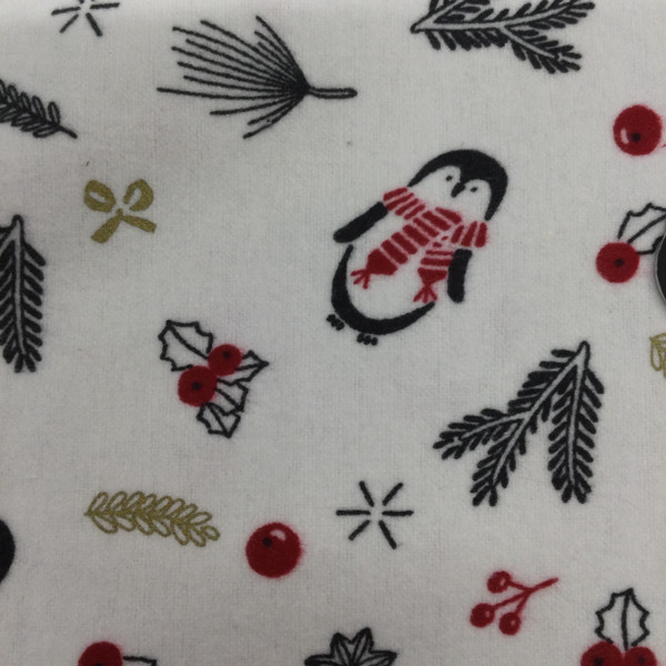 Holiday Penguins in White / Red / Gold / Black | Juvenile Flannel Fabric | 44 Wide | 100% Cotton | By The Yard 153