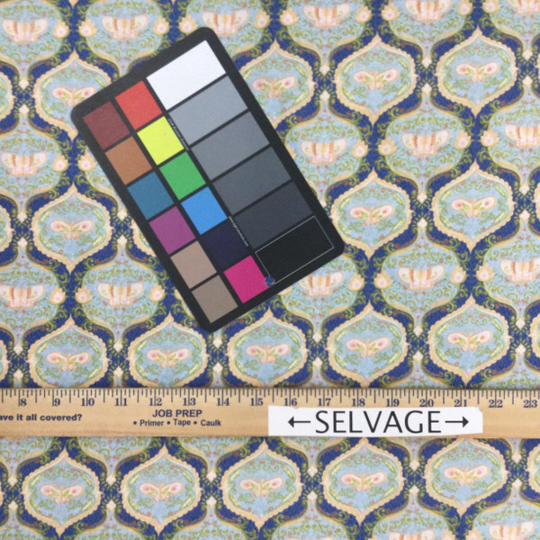 A Meadow's Tale | Ana Davis | Blue/Peach Damask Butterfly Print | Quilting Fabric | 100% Cotton | 44 wide | By the Yard 5017