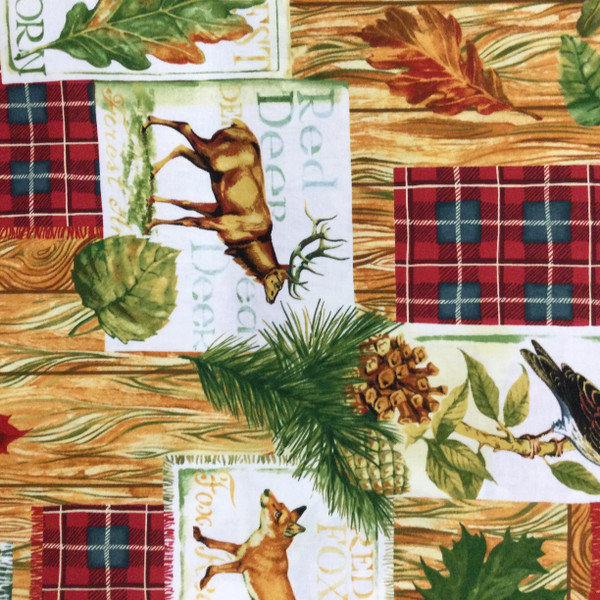 Fall Retreat | Maine Wildlife | Deer | Owl | Fox | Stamps |  Quilting Fabric | 100% Cotton | 44 wide | By the Yard 5288