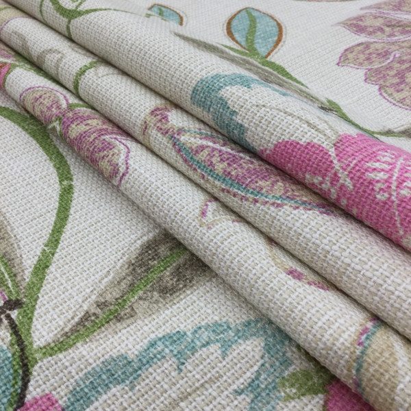 Rivendell in Fuchsia | Printed Upholstery / Drapery Fabric | Floral in Off White / Yellow / Pink / Green | 54 wide | By The Yard