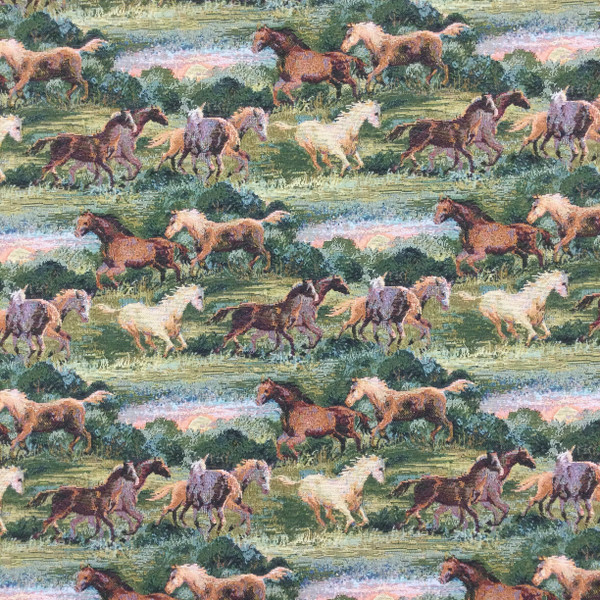 Wild Horses Vintage Tapestry Fabric Green / Brown / Blue Upholstery