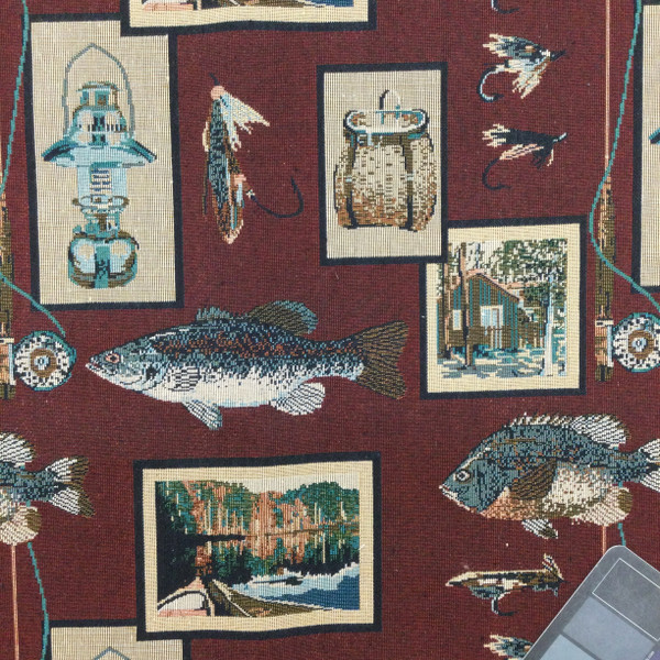 Fishing Themed Vintage Tapestry Fabric | Burgundy, Blue, Brown, and Cream | Upholstery | 54" Wide | By the Yard