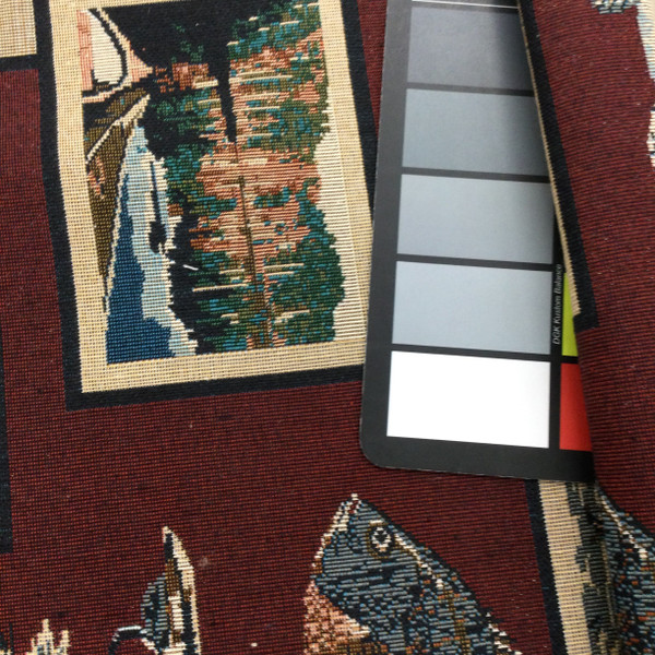 Fishing Themed Vintage Tapestry Fabric | Burgundy, Blue, Brown, and Cream | Upholstery | 54" Wide | By the Yard