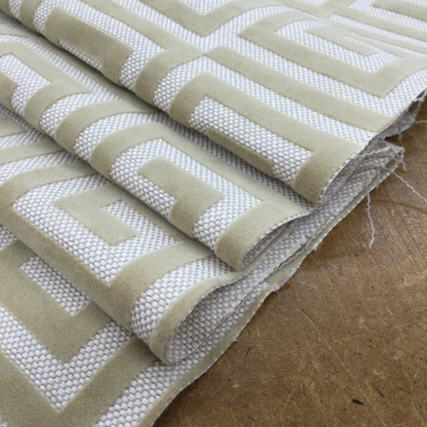 Greek Key Cut Velvet Fabric in Beige | Heavyweight Upholstery | 54" Wide | By the Yard | Amaze in Wheat