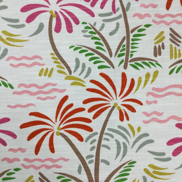 Stamped Palm Tree Fabric | Pink / Green / Red / Brown | Home Decor / Drapery | Linen Like | 54" Wide | By the Yard | Excursion in Dazzle