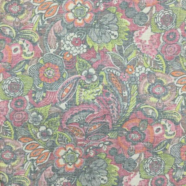 Retro Floral Felt-Backed Fabric | Pink / Green / Orange | Heavyweight Upholstery | 54" Wide | By the Yard | Mystic Charm in Sherbert