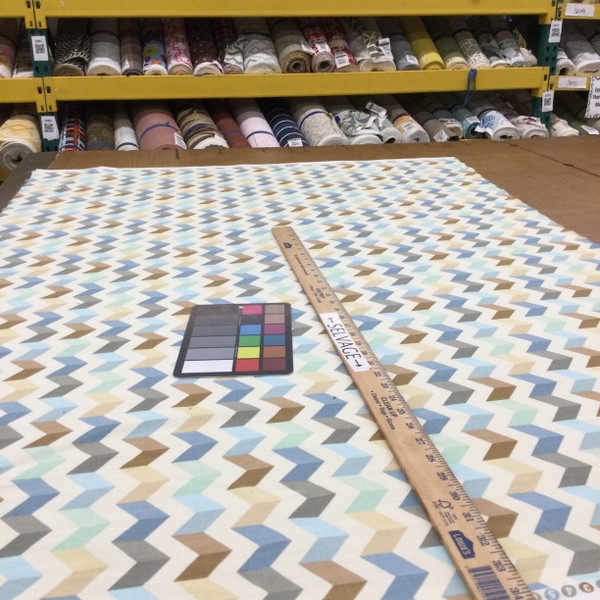 Color Block Chevron Waverly Fabric | Blue / Off White / Brown / Grey | Upholstery / Drapery | 54" Wide | By the Yard | Waverly "Jas Tip Top" Ethereal
