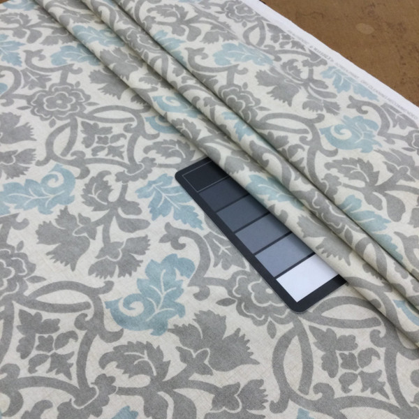 Floral Damask Fabric in Blue / Grey / Off White | Home Decor / Drapery | 54" Wide | By the Yard | Anika in Spa