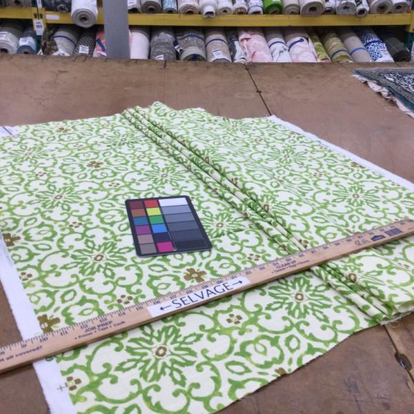 Scrollwork Fabric in Lime Green / Brown / Off-White | Home Decor / Drapery | 54" Wide | By the Yard | Souvenier Scroll in Grannysmith